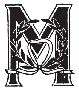 带有花环,复古线条画或雕刻插图的装饰大写字母 m照片