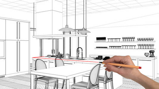 室内设计项目理念, 手绘定制建筑, 黑白水墨素描, 蓝图展示现代厨房与餐桌