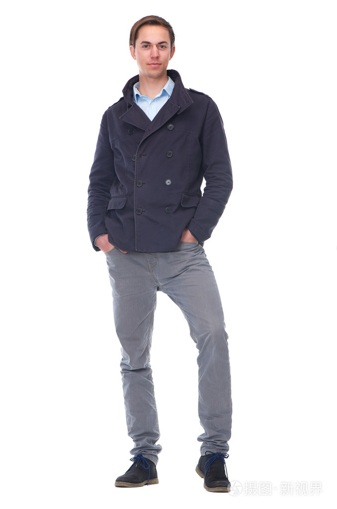一个时髦的年轻男子穿蓝夹克的全身肖像照片-正版商用图片0859o2-摄图