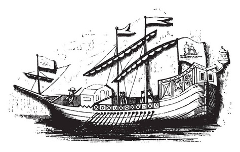 西班牙瓦尼卡拉维尔酒店是一个小型的高度机动的帆船开发在第十五世纪, 复古线条画或雕刻插图