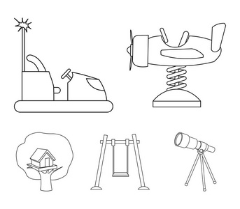 飞机在春天 秋千和其他设备。操场在大纲样式矢量符号股票图 web 设置集合图标