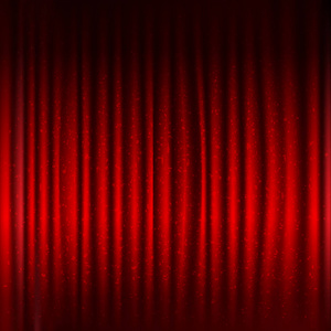 带黑色边框的红色舞台窗帘和带渐变网格的闪光, 矢量插图