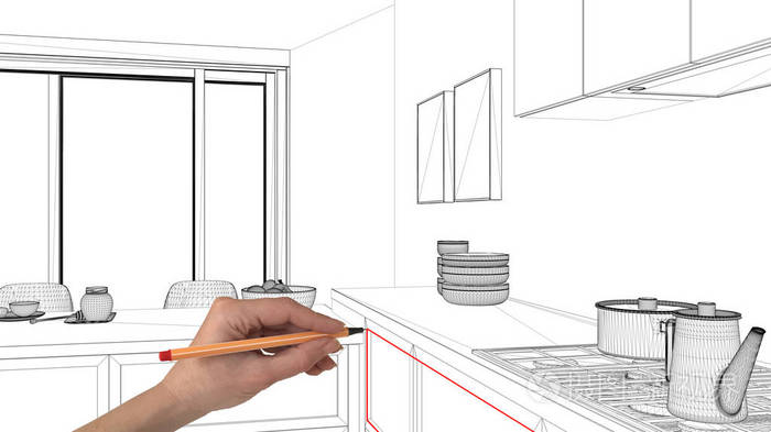 设计项目概念, 手绘自定义体系结构, 黑白墨迹素描, 蓝图显示最小厨房