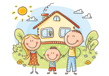 快乐卡通家庭与一个孩子在他们的房子附近与花园, 矢量插图照片