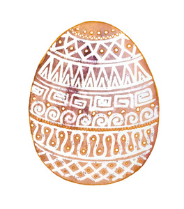 复活节暗黄色的鸡蛋装饰着美丽的希腊民间装饰品, 锯齿和白色水彩画点