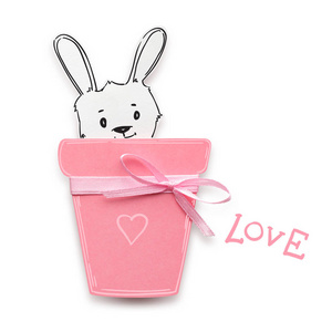 一只兔子在一个花盆创意情人节概念照片纸做的白色背景上