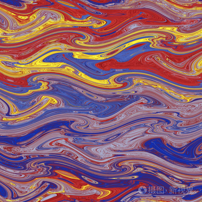 装饰大理石瓷砖与抽象的垃圾染色和波浪图案在红色蓝色黄色的颜色