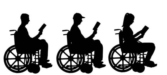 剪影传染媒介残疾人和妇女在轮椅读一本书