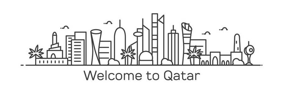 矢量图描边城市剪影的设计与摩天大楼和文字欢迎来到卡塔尔在白色背景下隔离