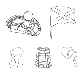 旗帜, 苏格兰短裙, 阴雨天气, 帽子。苏格兰国家集合图标的轮廓样式矢量符号股票插画网站