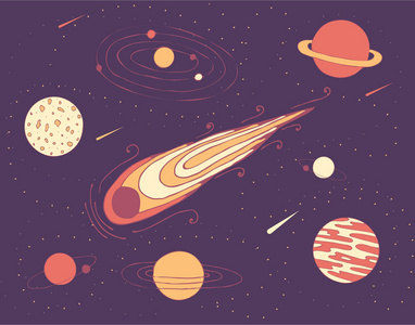 宇宙行星的空间 illustrationa, 陨石和星空中的星系照片