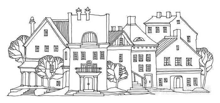 旧城区街道住宅素描, 手绘白色背景, 向量例证