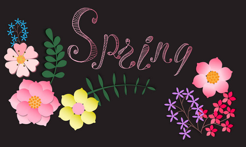 春天的明信片上画着花, 春天的刻字。手 dra