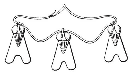 埃及项链与三魅力在这张图片, 复古线条画或雕刻插图