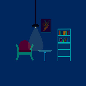 蓝色客厅的书和灯