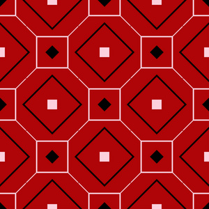 几何无缝图案。红色背景上的黑白元素。墙纸和纺织品设计