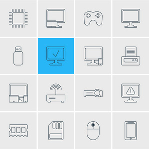 16计算机图标线条样式的插图。可编辑的台式计算机sd 卡cpu 和其他图标元素集