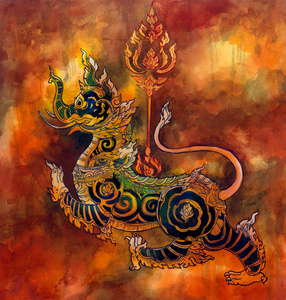印度教狮子泰国神话狮子 sigha 绘画照片