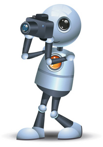 一个快乐的机器人小机器人的插图在孤立的白色背景下举行相机