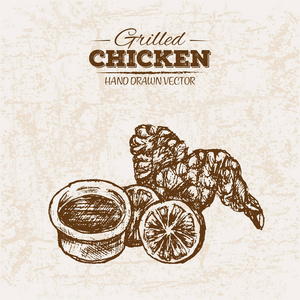 手绘素描鸡肉制品套装, 农场新鲜食品, 黑白葡萄酒插图