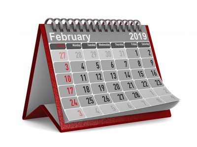 2019年。2月的日历。隔离的3d 插图