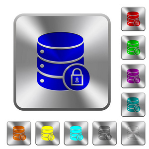 圆角方形光滑钢钮扣上的数据库锁雕刻图标