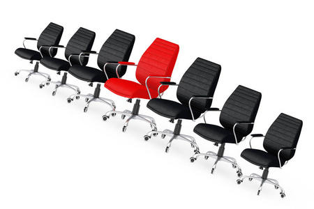 红皮老板办公椅之间的其他黑色椅子上的白色背景。3d 渲染