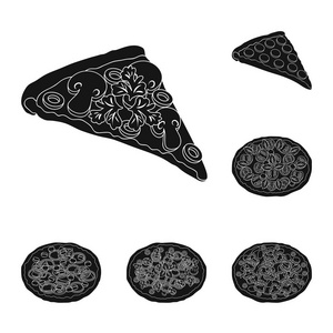 不同的比萨饼黑色图标集合中的设计。比萨食物矢量符号股票网页插图