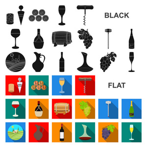 酒类产品平面图标集为设计收藏。葡萄酒矢量标记的设备和生产网站插图