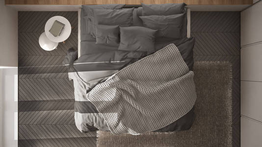 白色和灰色简约的卧室与实木复合地板, 毛皮地毯和软毯, 现代建筑室内设计, 顶部视图