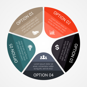 矢量圆图。用于图表 图形 演示文稿和图表的模板。经营理念与 5 选项 零件 步骤或过程。抽象背景