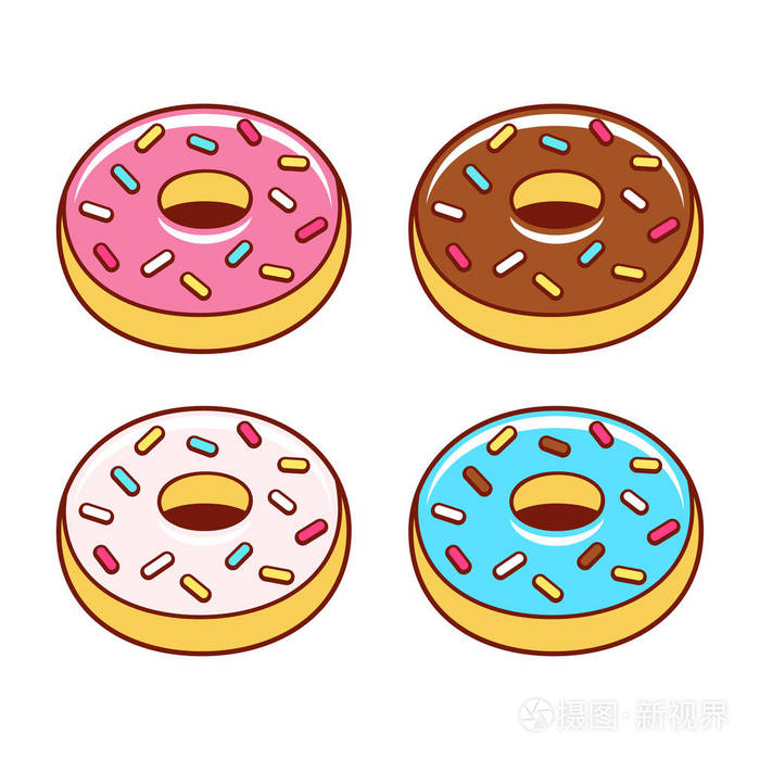 卡通甜甜圈集粉红色和蓝色的糖衣覆盖着巧克力和洒孤立向量插图