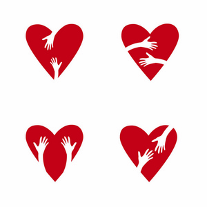 一套红色的心和手。爱, 希望, 关怀标志, 矢量插画