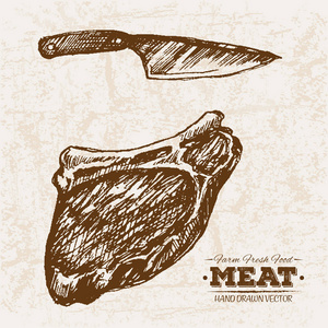 手绘素描牛排肉和刀, 农场新鲜食品, 黑白葡萄酒插图