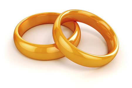 白色背景上的 3d 黄金结婚戒指