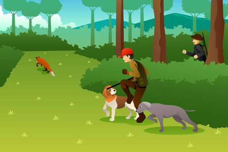 猎人的向量例证与他的狗狩猎狐狸相似素材图片-摄图新视界