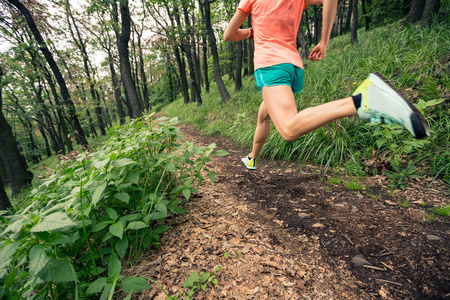 在绿色森林运行的年轻女子。耐力运动训练。女子越野赛跑运动员越野跑。自然户外运动与健身概念