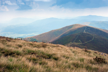 Borzhavsky 山脉的美丽景色, 乌克兰。夏日阳光下的山谷全景