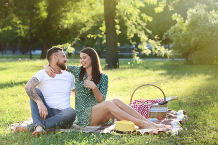 愉快的夫妇在公园里野餐在春天天