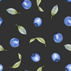 水彩蓝莓无缝图案, 手绘黑色背景