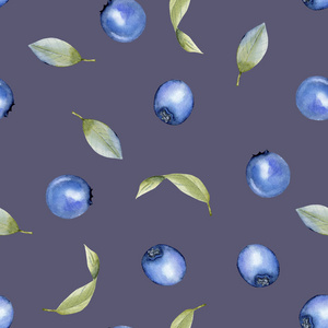 水彩蓝莓无缝图案, 手绘蓝色背景