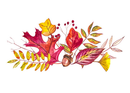 秋季作文。由秋天浆果和叶子在白色背景的例证。水彩插图