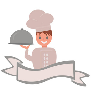 为公司名称的餐馆广告的向量标志横幅与厨师和菜, 卡通厨师与丝带为题字和文本