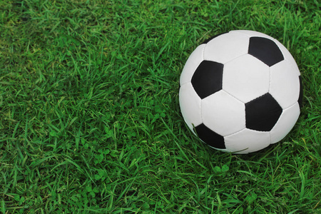 足球黑白相间的球在绿草上, 上面的景色。左侧文本空白
