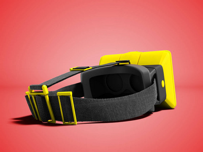 现代黄色虚拟现实眼镜带上固定在头上3d 渲染红色背景与阴影