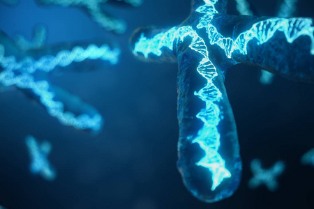 3d 插图 X 染色体携带基因编码的 Dna。遗传学概念, 医学概念。未来基因突变在生物层面改变基因编码