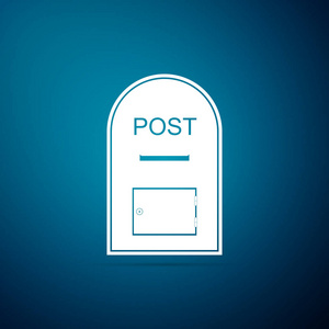 邮件框图标。在蓝色背景上隔离的 Post 框图标。平面设计。矢量插图