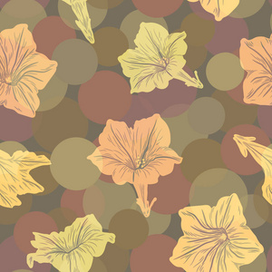 无缝的向量花卉图案与抽象热带花卉黄色在波点背景的织物, 纺织品, 或墙纸设计