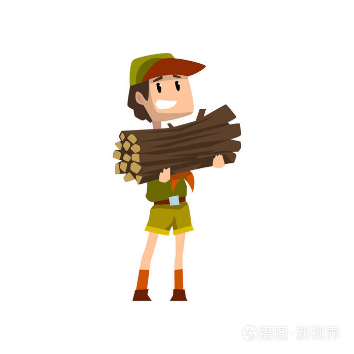 男孩背着一捆木柴, 童子军的性格在制服, 户外冒险