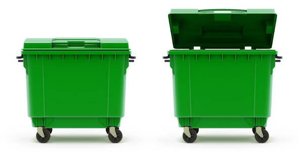 打开的垃圾桶打开和关闭的绿色垃圾桶3d 插图照片